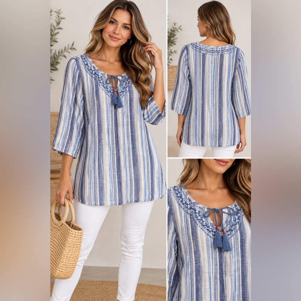 Hatley Blue and White Striped Tunic Dress with Tassel Tie organic cotton